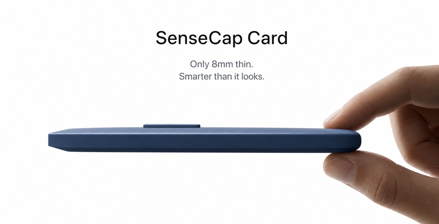 SenseCap Card — only 8mm thin, held between thumb and finger